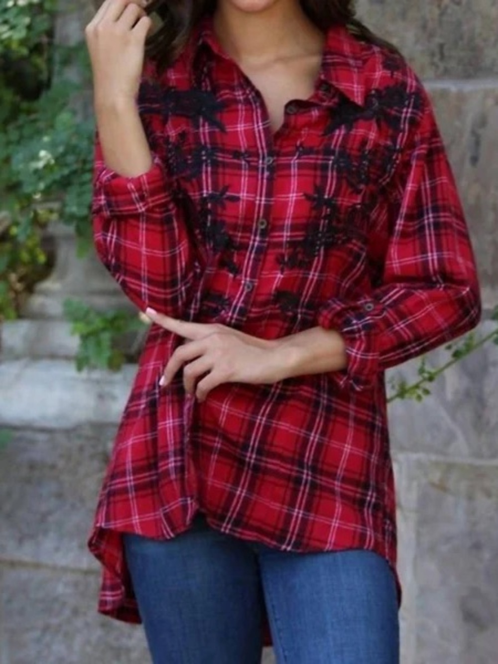 Nostalgia Women’s Plaid Embroidered Peplum Top! LG